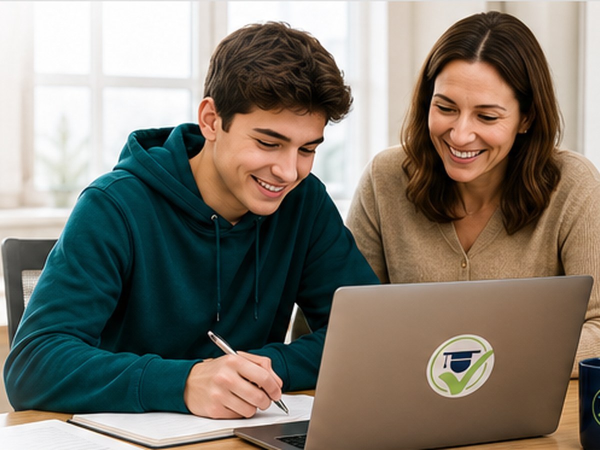 A parent and high-school student working side by side on a college-planning task